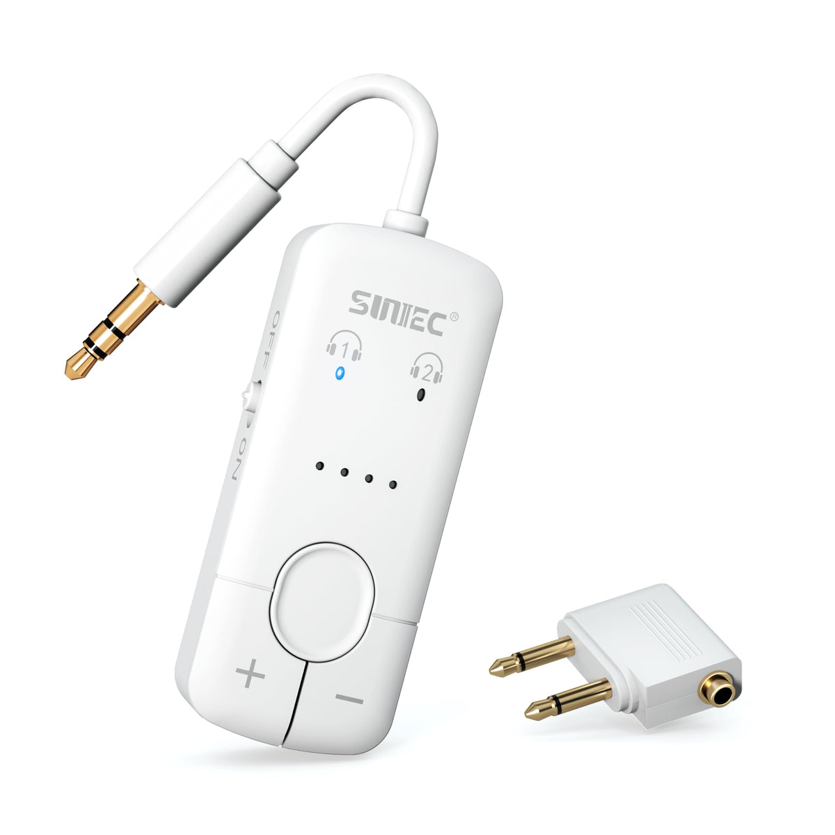 Sunitec Bluetooth 5.3 transmitter front view, compact travel companion for on-the-go audio.