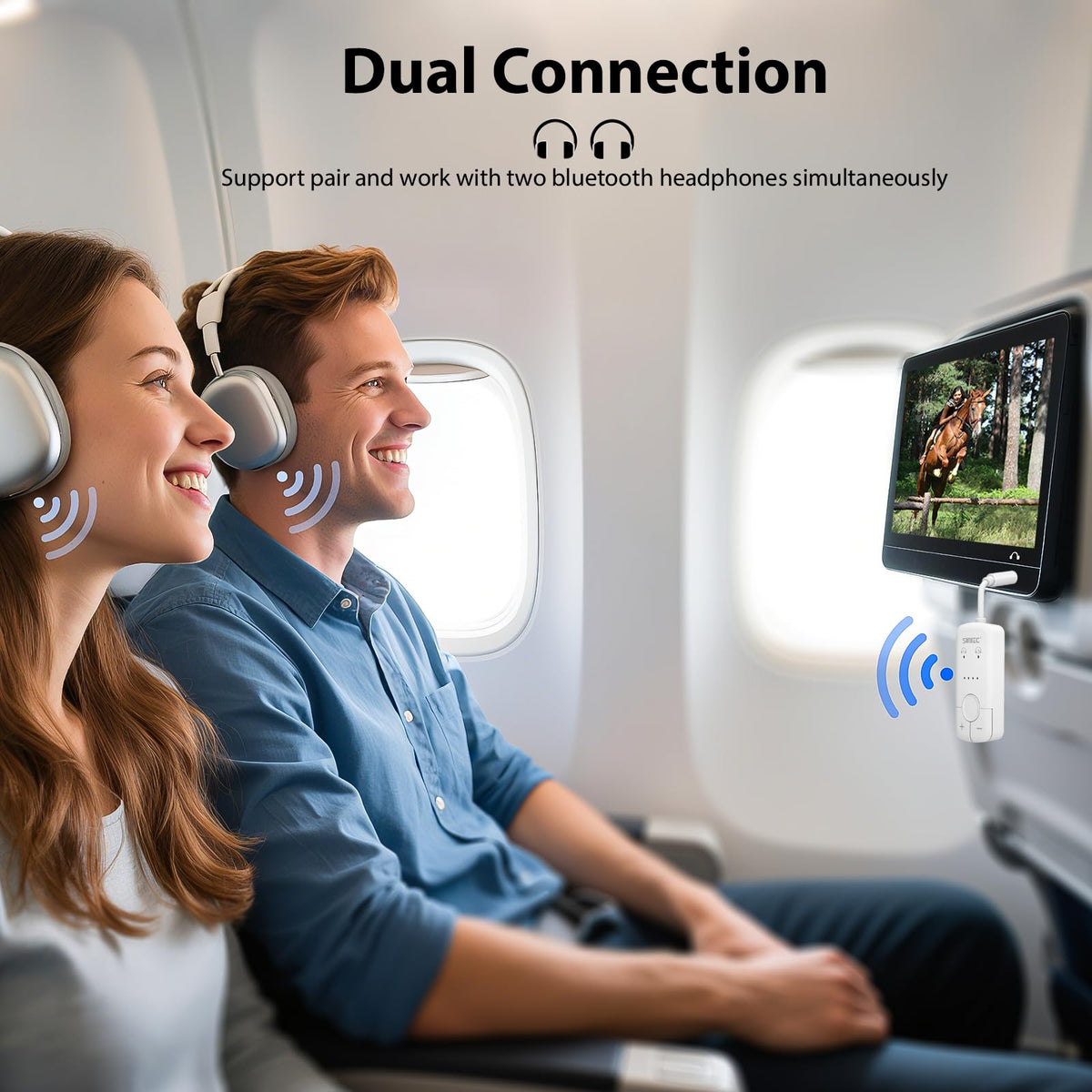 Sunitec dual headphone connection setup enabling shared wireless listening.