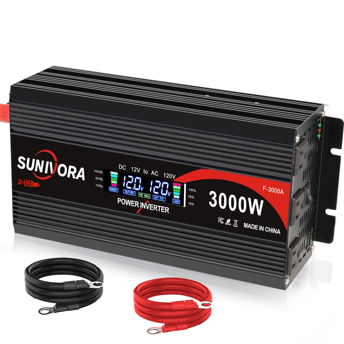 Sunivora 3000-watt inverter with LCD display for real-time voltage and load monitoring.