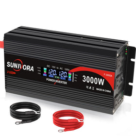 Sunivora 3000-watt inverter with LCD display for real-time voltage and load monitoring.