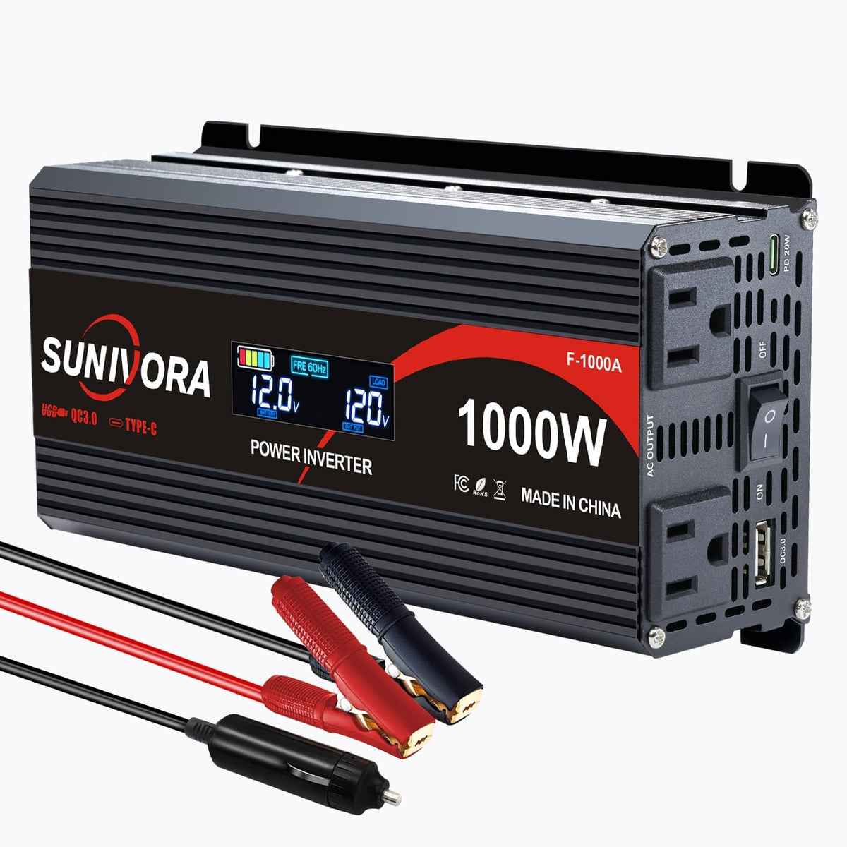 Sunivora 1000W inverter front view with rugged aluminum shell and dual outlets.
