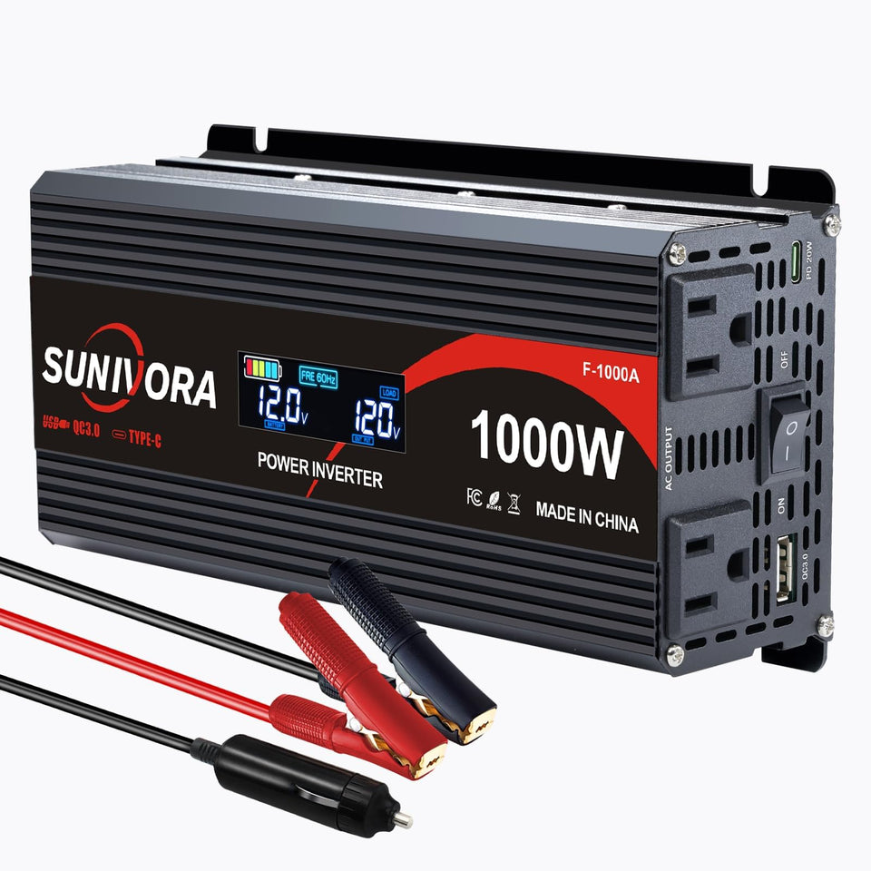 Sunivora 1000W inverter front view with rugged aluminum shell and dual outlets.