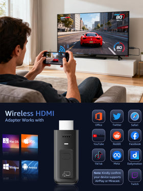 SUNMENCO Wireless HDMI dongle illustrates AirPlay and Miracast versatility.