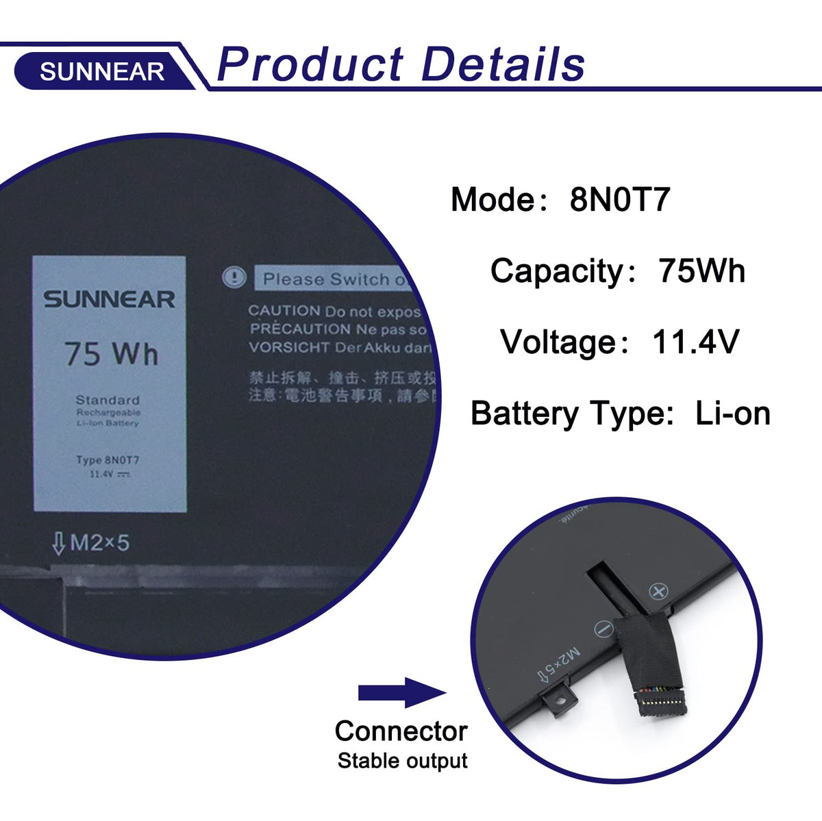 SUNNEAR battery label close-up showing model 8N0T7 and specs for quick verification