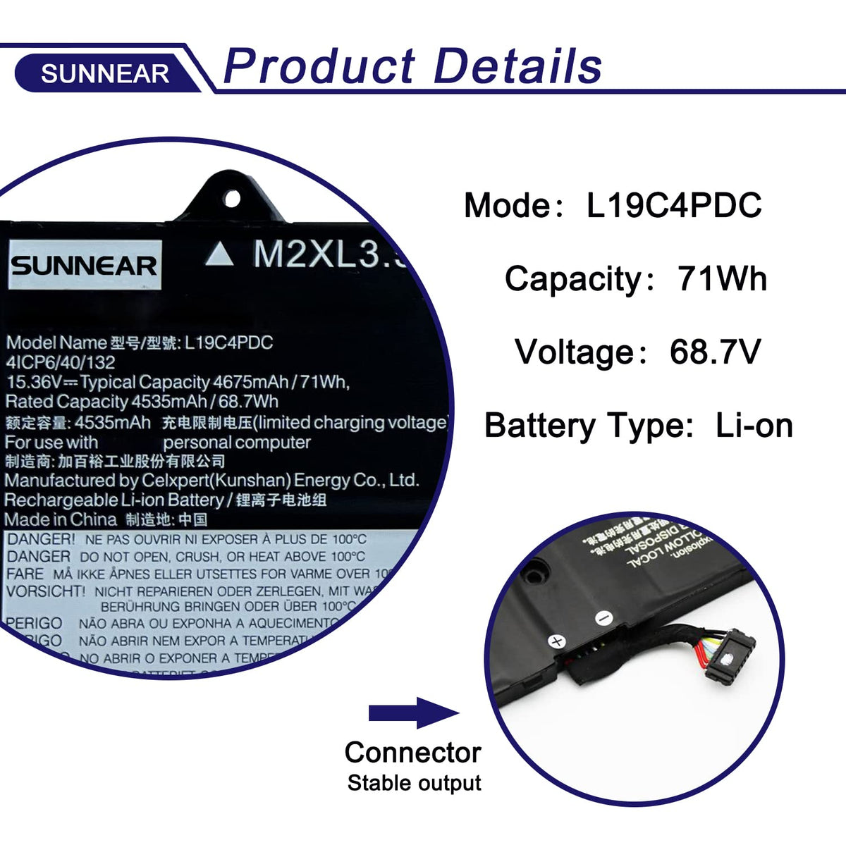 SUNNEAR close-up of battery label L19C4PDC for easy model verification