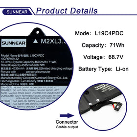 SUNNEAR close-up of battery label L19C4PDC for easy model verification