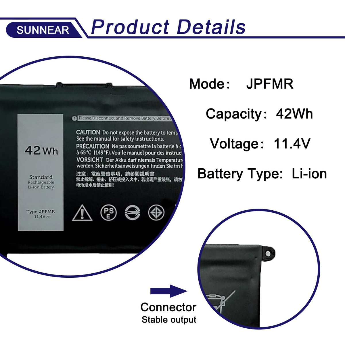 SUNNEAR close-up of battery cells and casing highlighting solid construction and reliable capacity