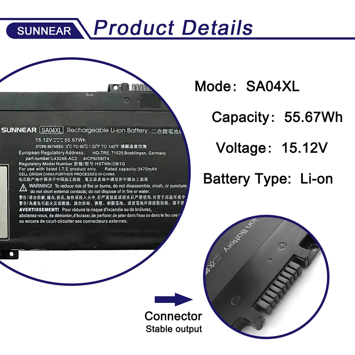 SUNNEAR SA04XL top label close-up displaying voltage and capacity for quick verification