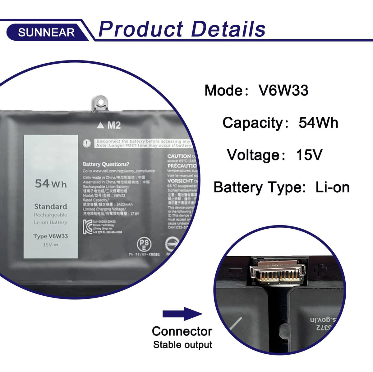 SUNNEAR V6W33 close-up of label with part numbers to confirm Dell compatibility