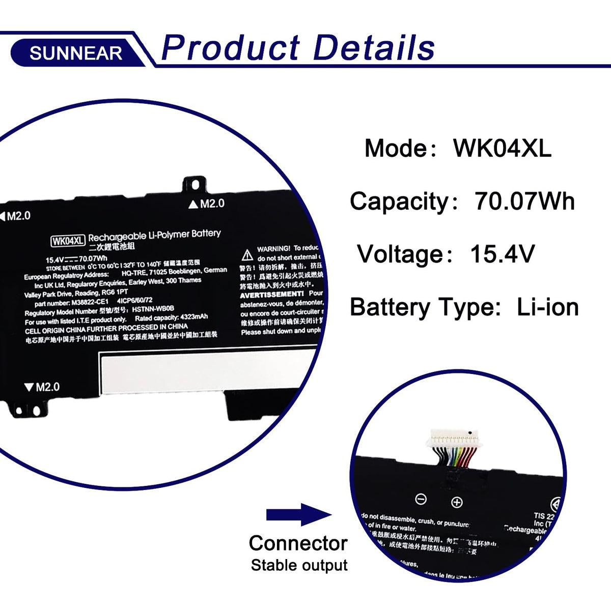 SUNNEAR WK04XL top label close-up showing voltage and capacity details for verification