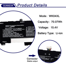 SUNNEAR WK04XL top label close-up showing voltage and capacity details for verification