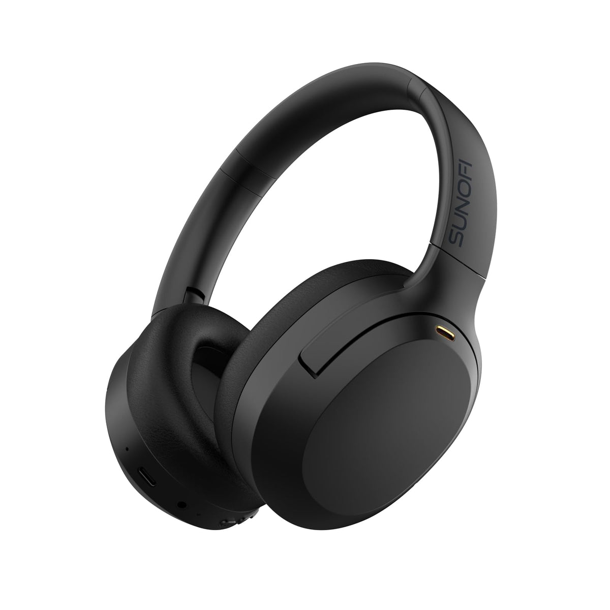 SunoFi headphones front view showing sleek black finish and brand logo for stylish travel