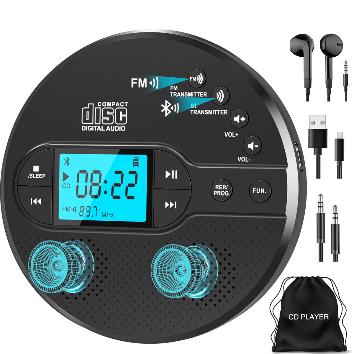 Sunoony front view of black portable CD player showing controls and benefit of easy access