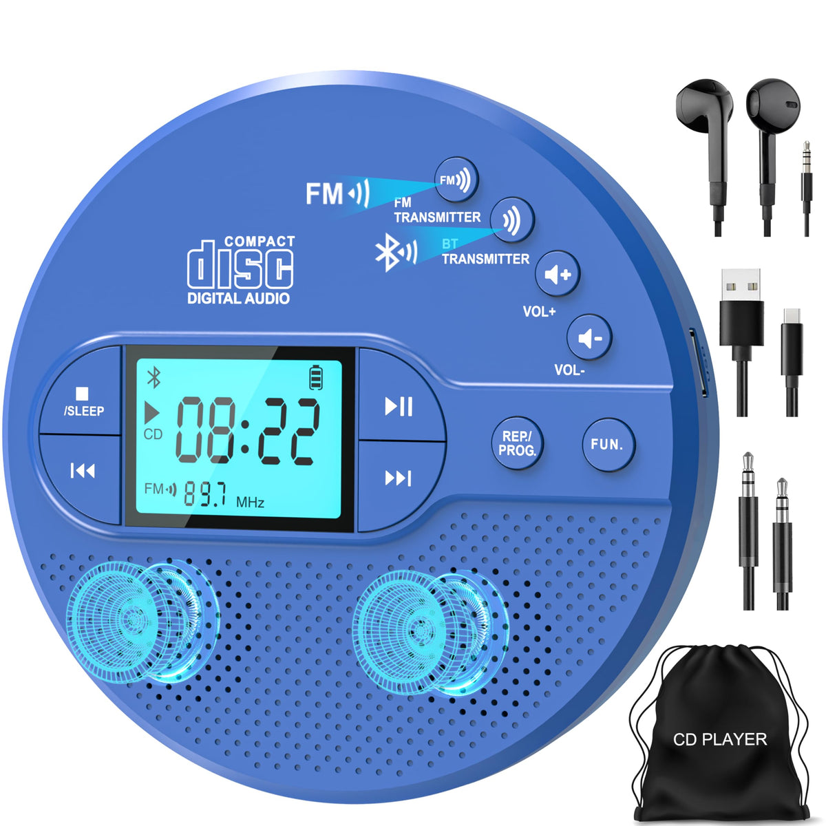 Sunoony front view showing player and speakers for portable playback benefit
