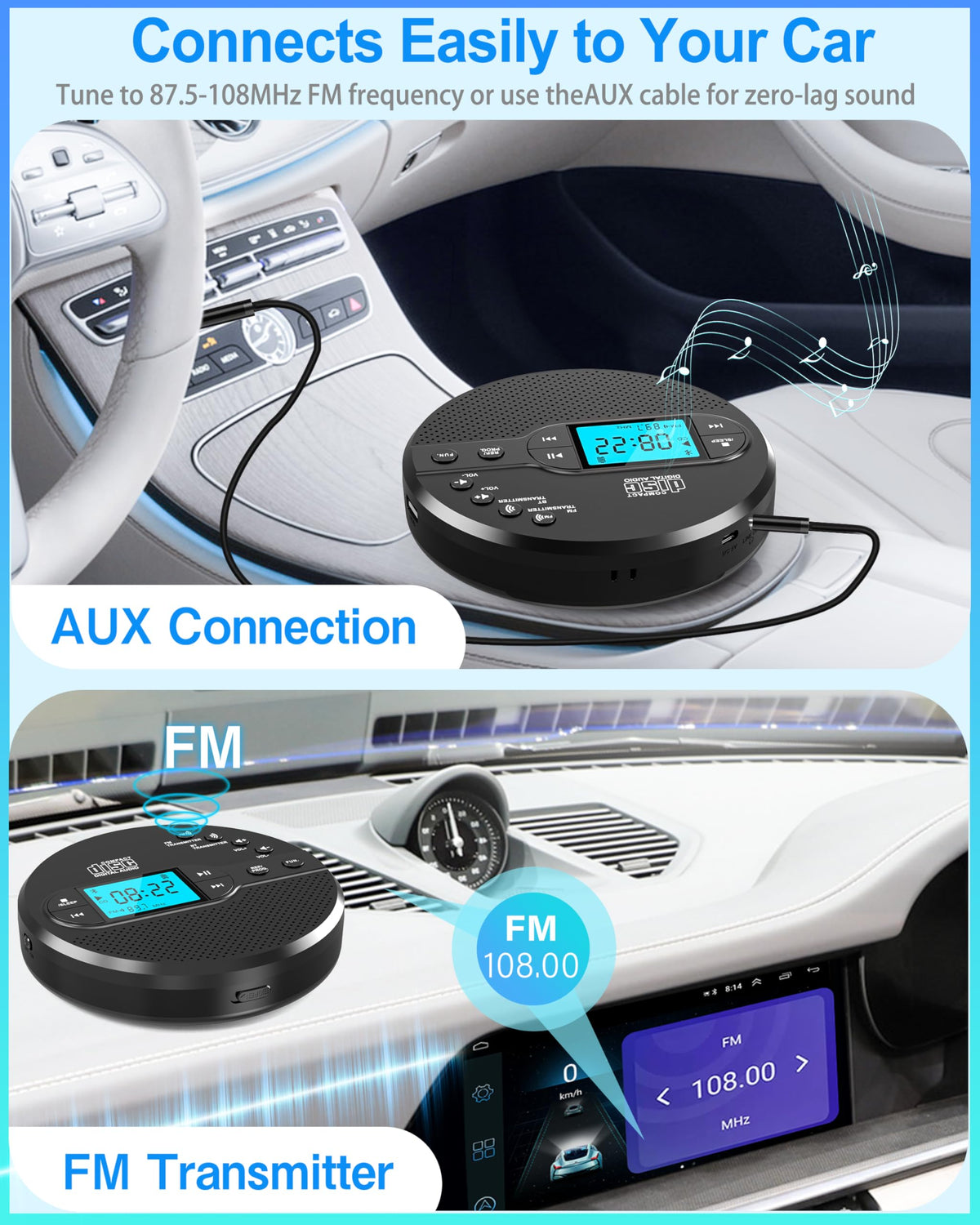 Sunoony mounted in car with FM transmitter tuned for easy wireless car audio setup benefit