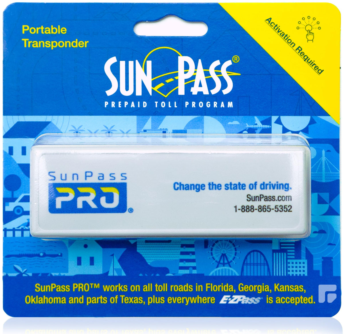 sunpass Pro front packaging showing compact transponder and prepaid pass benefit