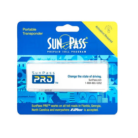 Generic SunPass Pro front view showing compact transponder and branding, highlighting portable convenience