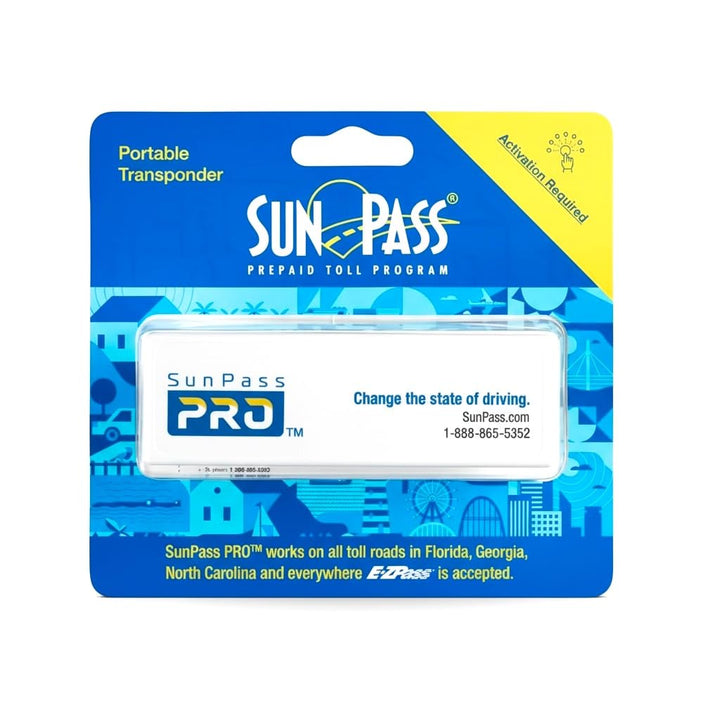 Generic SunPass Pro front view showing compact transponder and branding, highlighting portable convenience