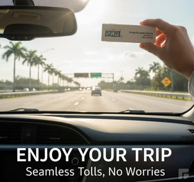sunpass Pro visible from car dashboard illustrating hands-free tolling benefit