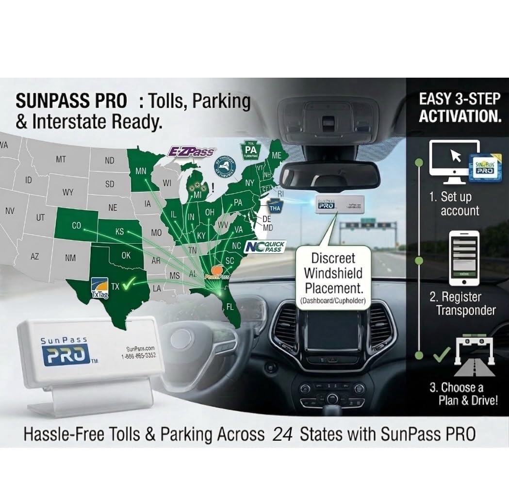 Generic SunPass Pro in-use inside vehicle driving on highway, illustrating faster toll lane passage