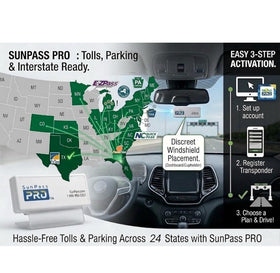 Generic SunPass Pro in-use inside vehicle driving on highway, illustrating faster toll lane passage