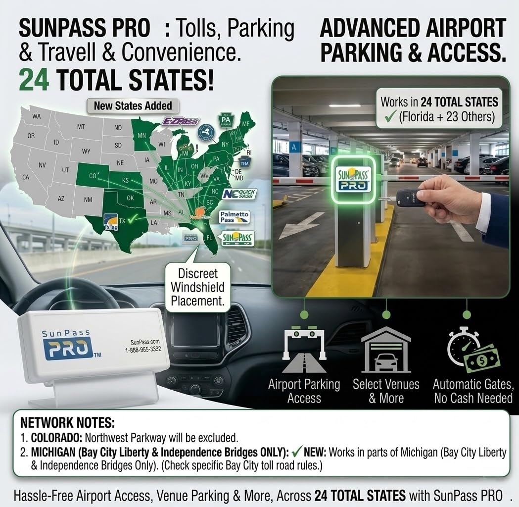 Generic SunPass Pro beside a smartphone and keys for scale, showing small portable size benefit