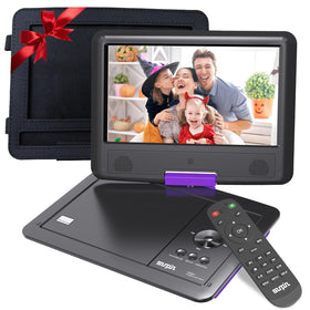 SUNPIN front view of purple player showing screen and controls, portable entertainment for travel