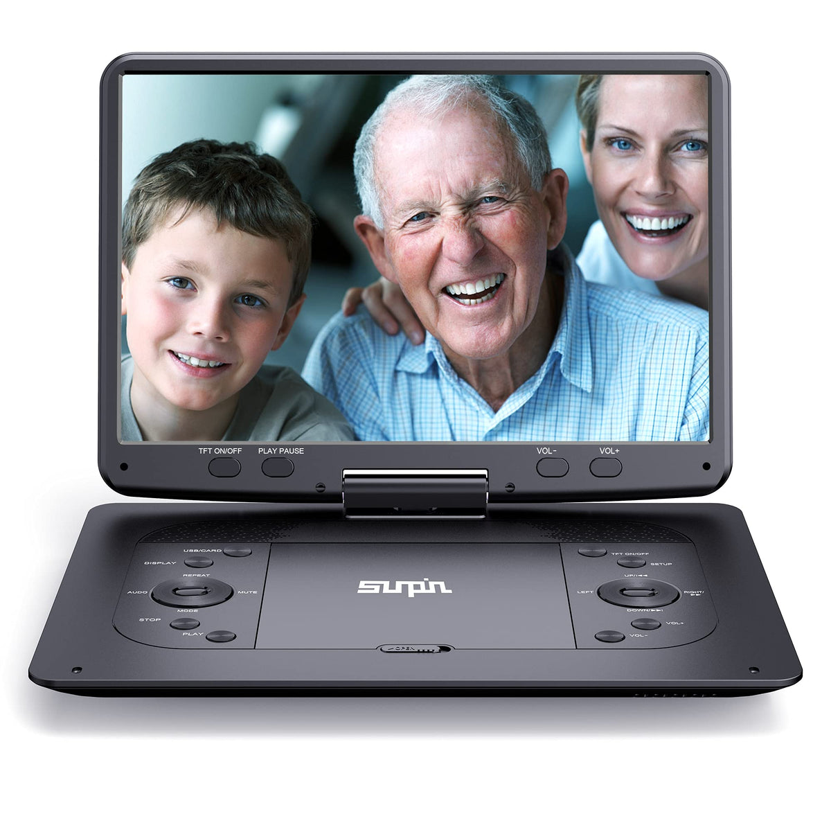 SUNPIN portable DVD player with a 14.1-inch swivel screen enables flexible on-the-go viewing.