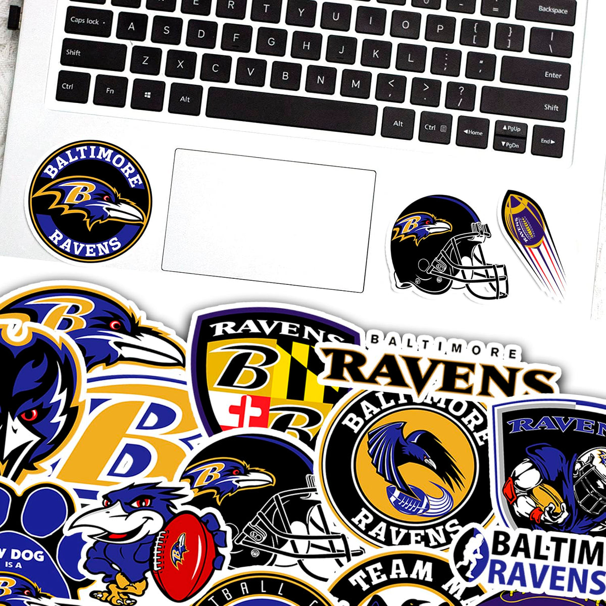 SUNSAIL Ravens stickers on a car window and travel case, resisting weather and sun fading.