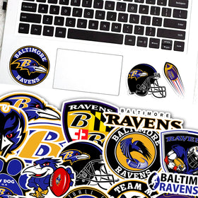 SUNSAIL Ravens stickers on a car window and travel case, resisting weather and sun fading.