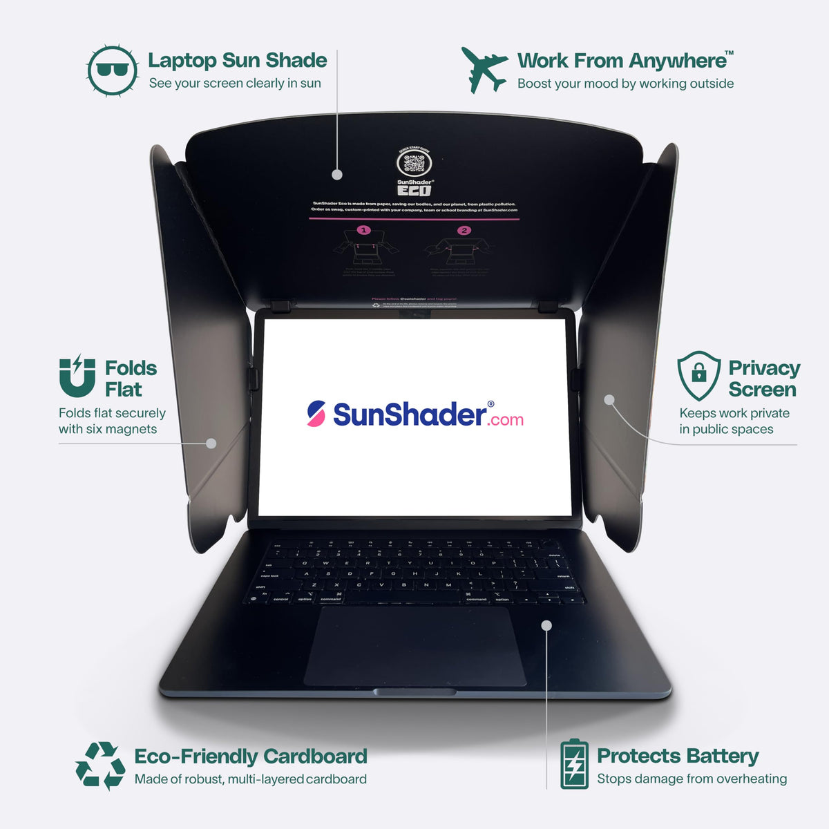 SunShader Eco multilayer cardboard construction highlights recyclable, planet-friendly design.