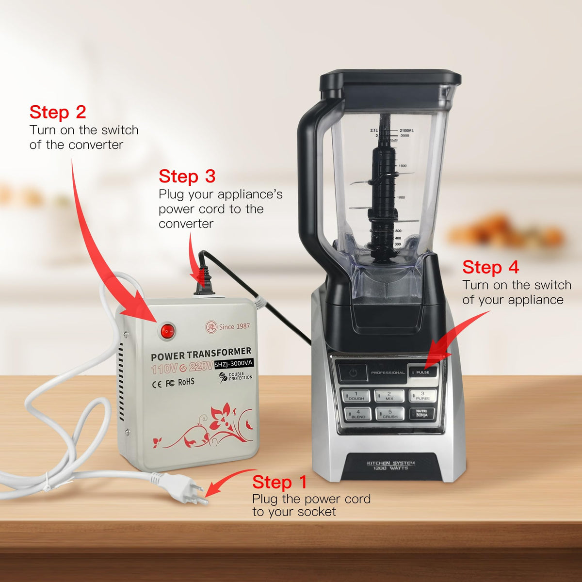 SUNSHUN In-use kitchen setup powering 220V appliances.