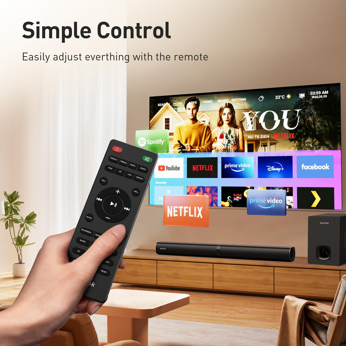 SunTrok packaging shows complete home theater kit for quick setup