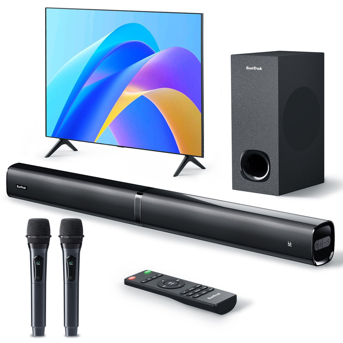 SunTrok soundbar front view in sleek design enhances home cinema experience