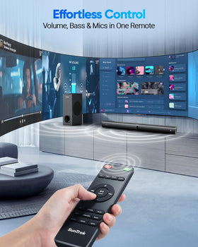 SunTrok living room arrangement demonstrates immersive 2.1 channel sound
