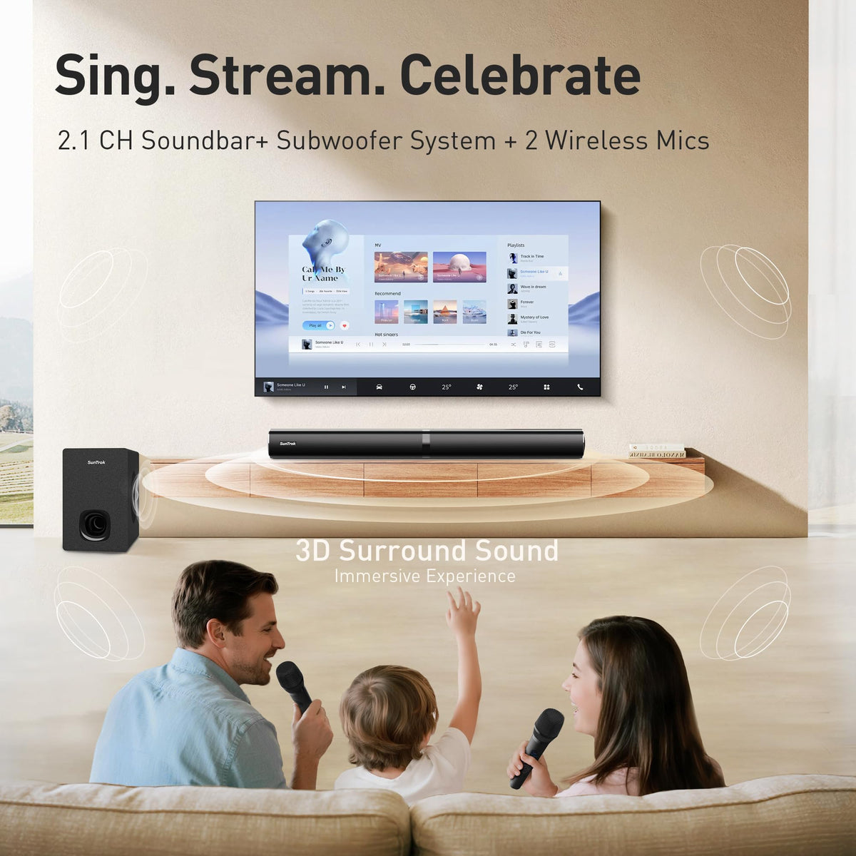 SunTrok soundbar side view showing slim design for elegant living room fit
