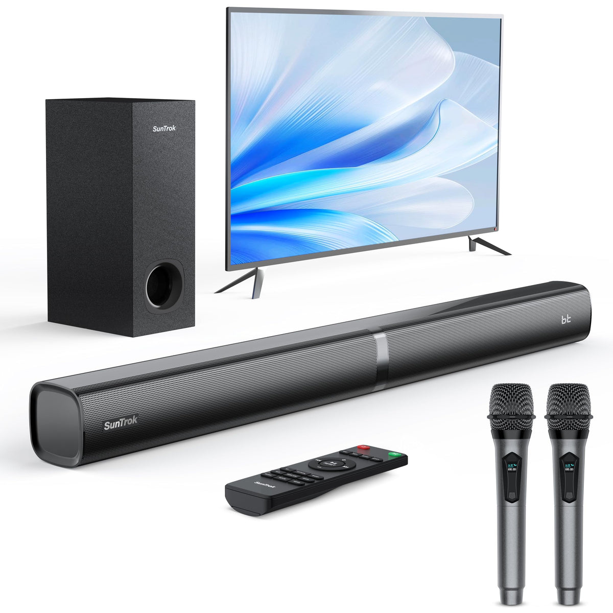 SunTrok soundbar with subwoofer delivering deep bass for movie nights.