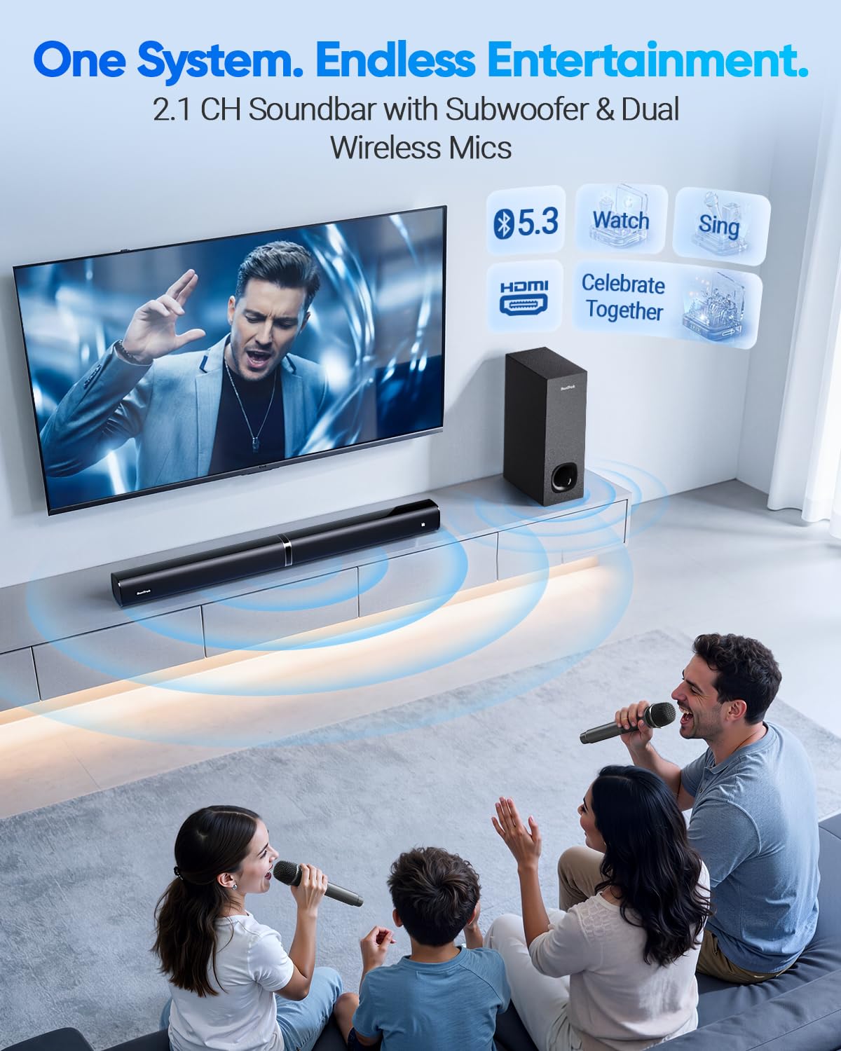 SunTrok soundbar and subwoofer side angle shows deep bass potential for movies