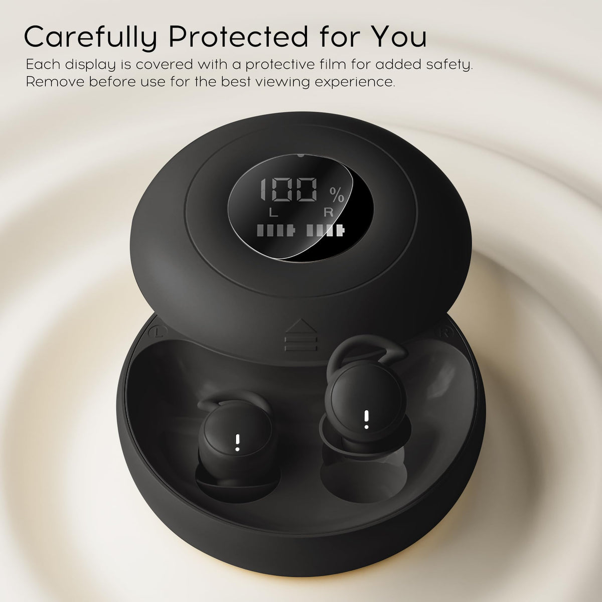 sunvito charging case open with earbuds illustrating easy recharging