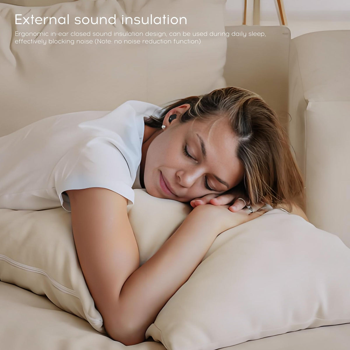 sunvito earbud seated in ear of side sleeper demonstrating pressure-free fit