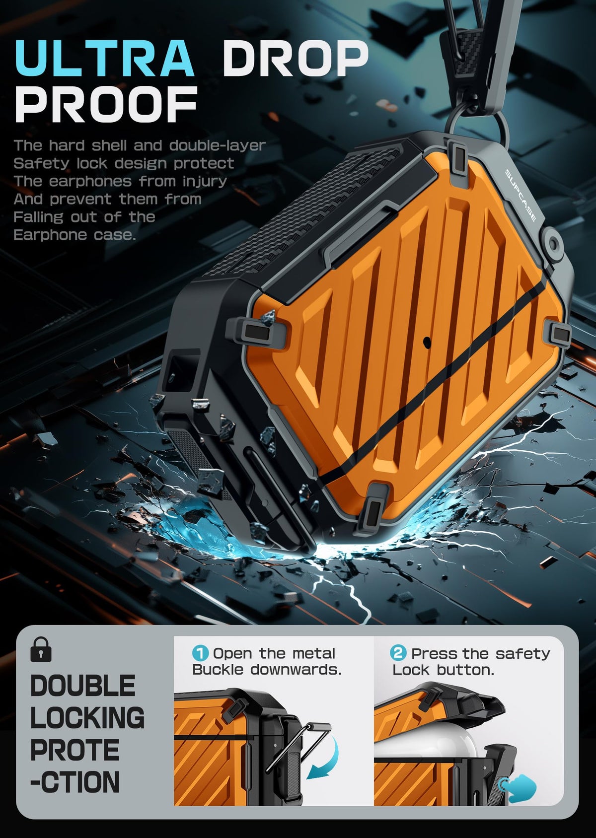 SUPCASE attached carabiner clipped to backpack for hands-free carrying
