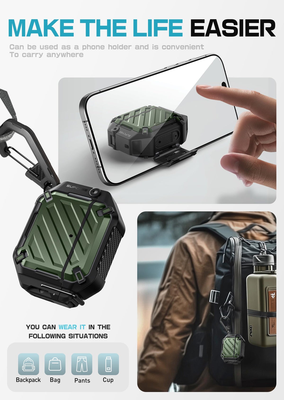 SUPCASE Guldan attached to backpack showing hands-free portability