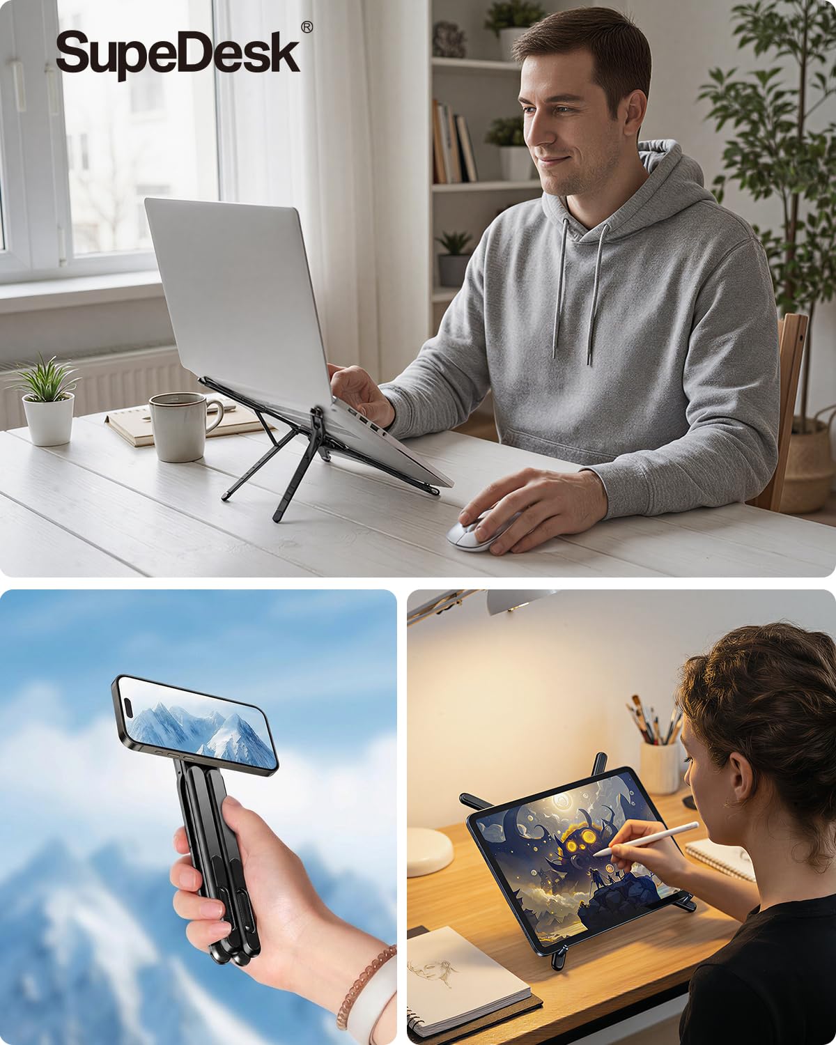 SupeDesk multi-angle height adjustment helps comfortable viewing angles