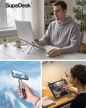 SupeDesk foldable stand — portable design for travel and everyday use.