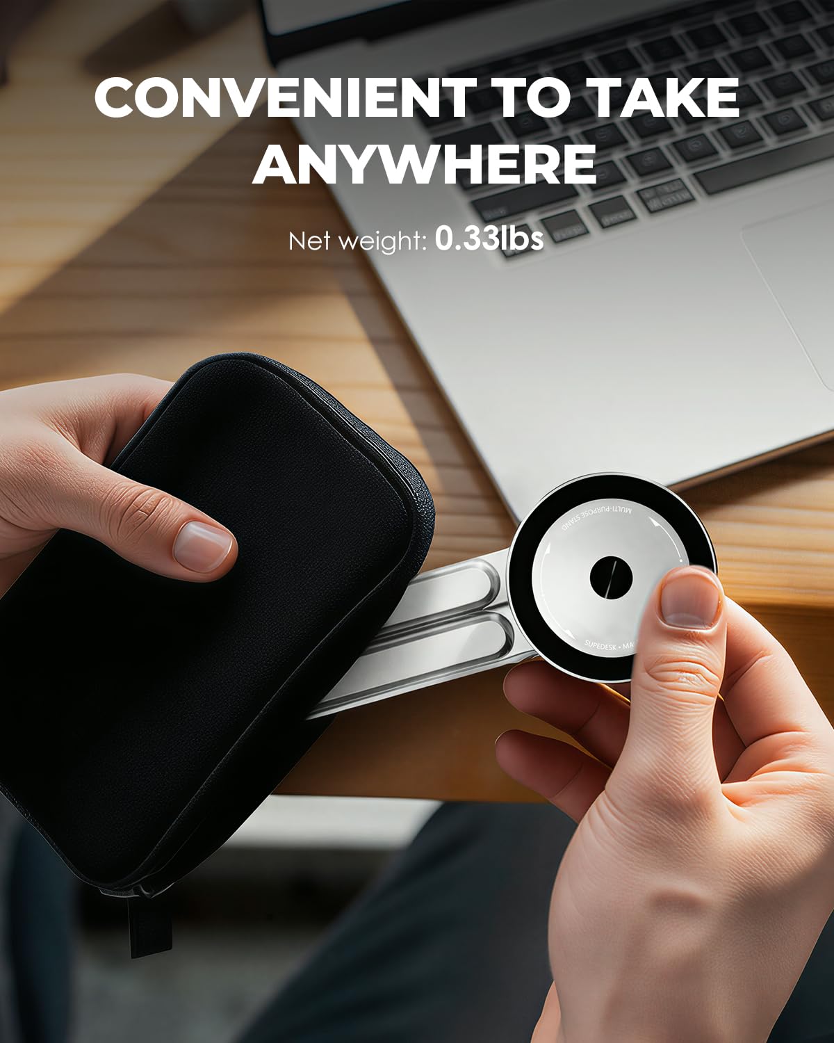SupeDesk multi-angle arms — customize height and tilt for comfortable viewing.