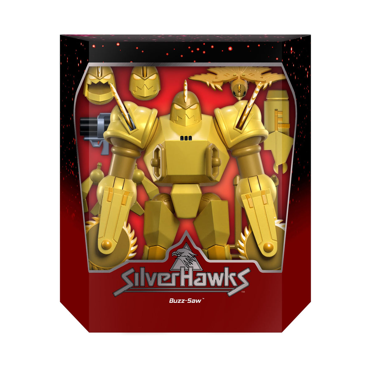 Super7 Buzz-Saw accessories laid out including heads, hands, arm cannon and Shredator