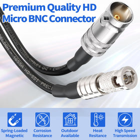 Close-up of Superbat HDBNC male and BNC female connectors highlighting precise fit and reliable signal contact