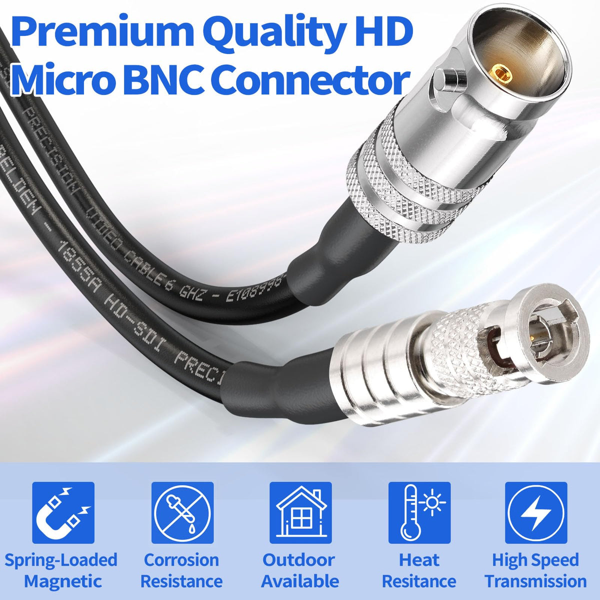 Superbat closeup of HDBNC male to BNC female connectors, brand precision and secure contact
