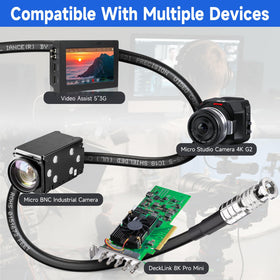 Superbat cable connected between monitor and switcher demonstrating tidy, space-saving SDI routing on set