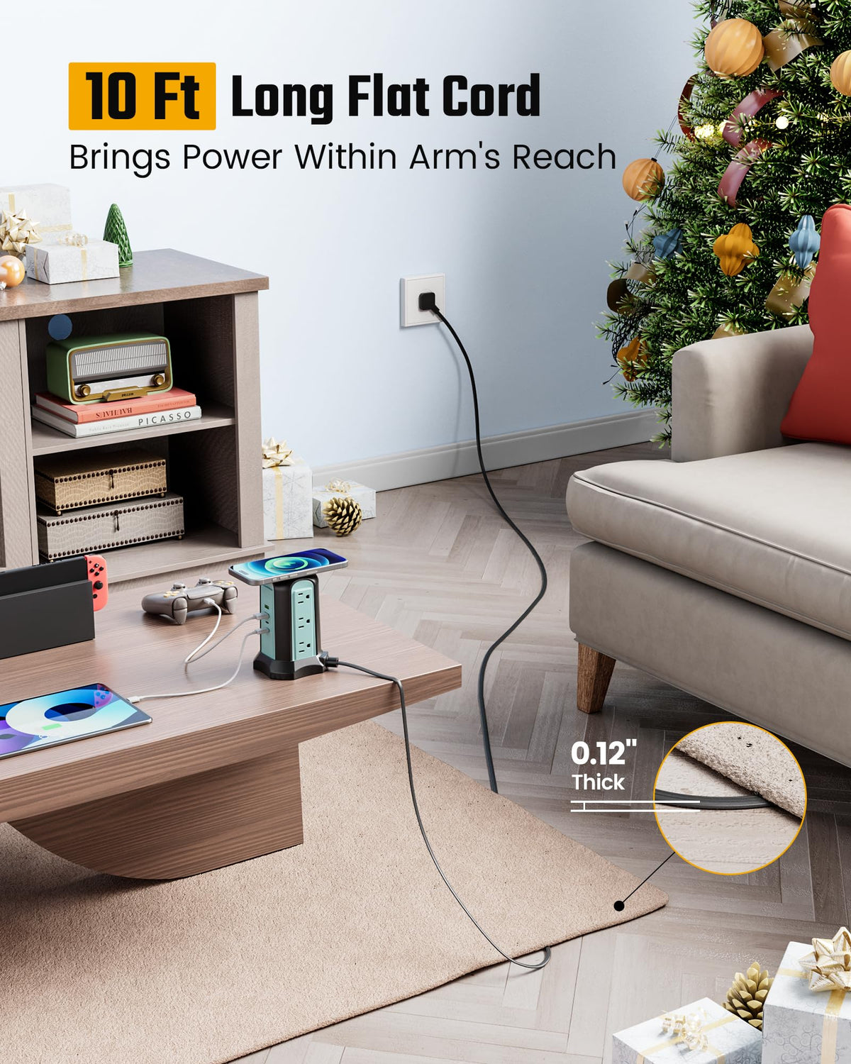 SUPERDANNY 10ft cord detail highlighting flexible placement benefit
